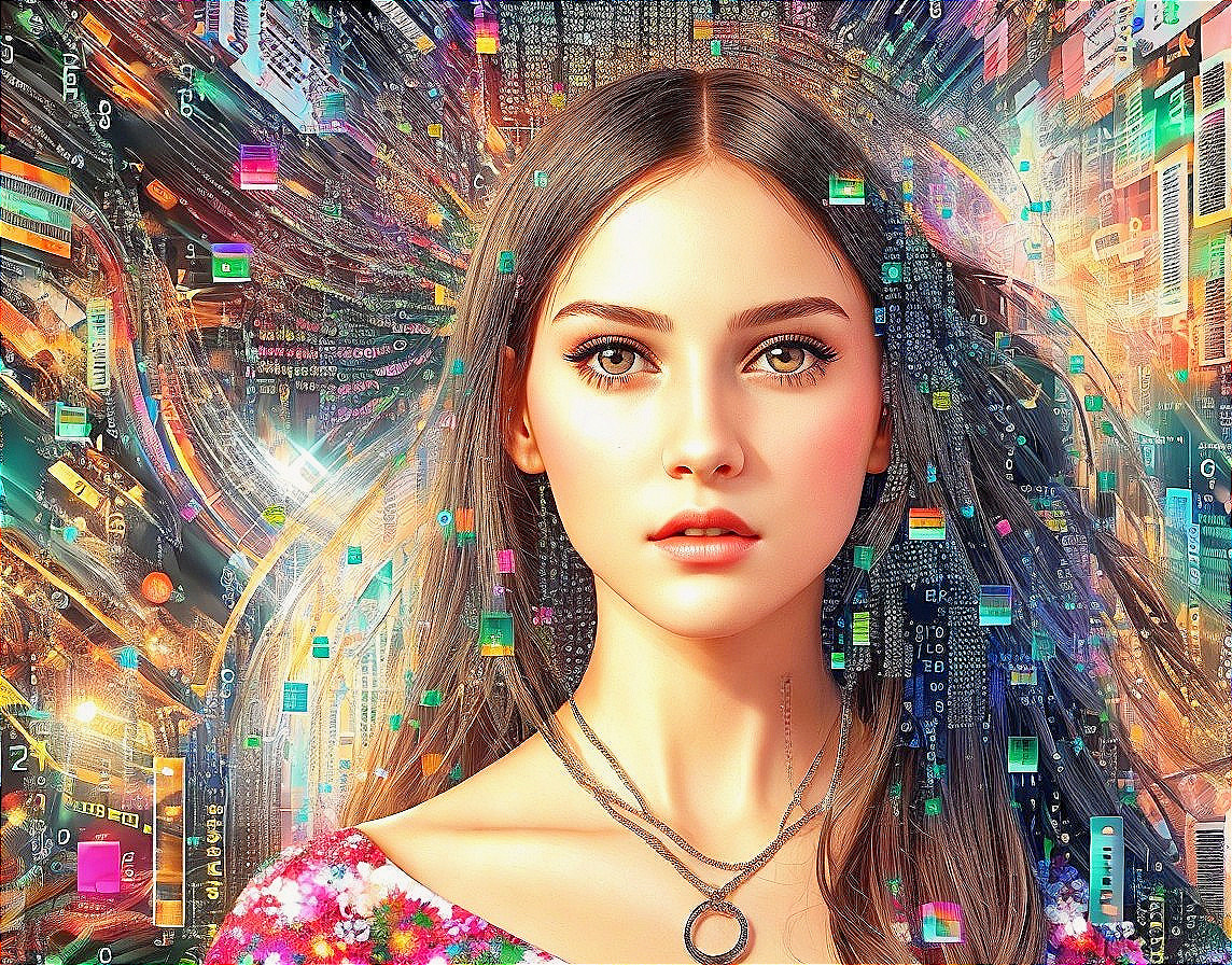 Digital artwork: Woman with striking features on abstract background