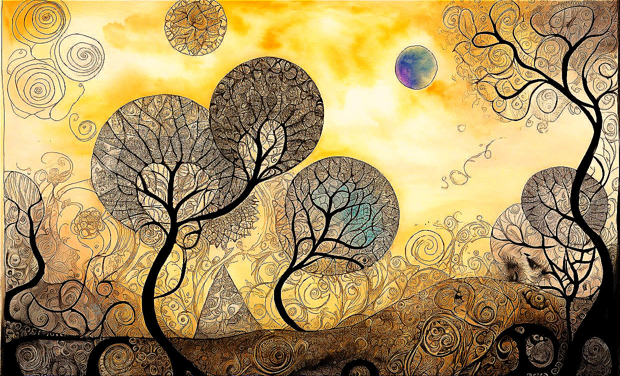 Colorful artwork: Stylized trees on golden background with celestial body