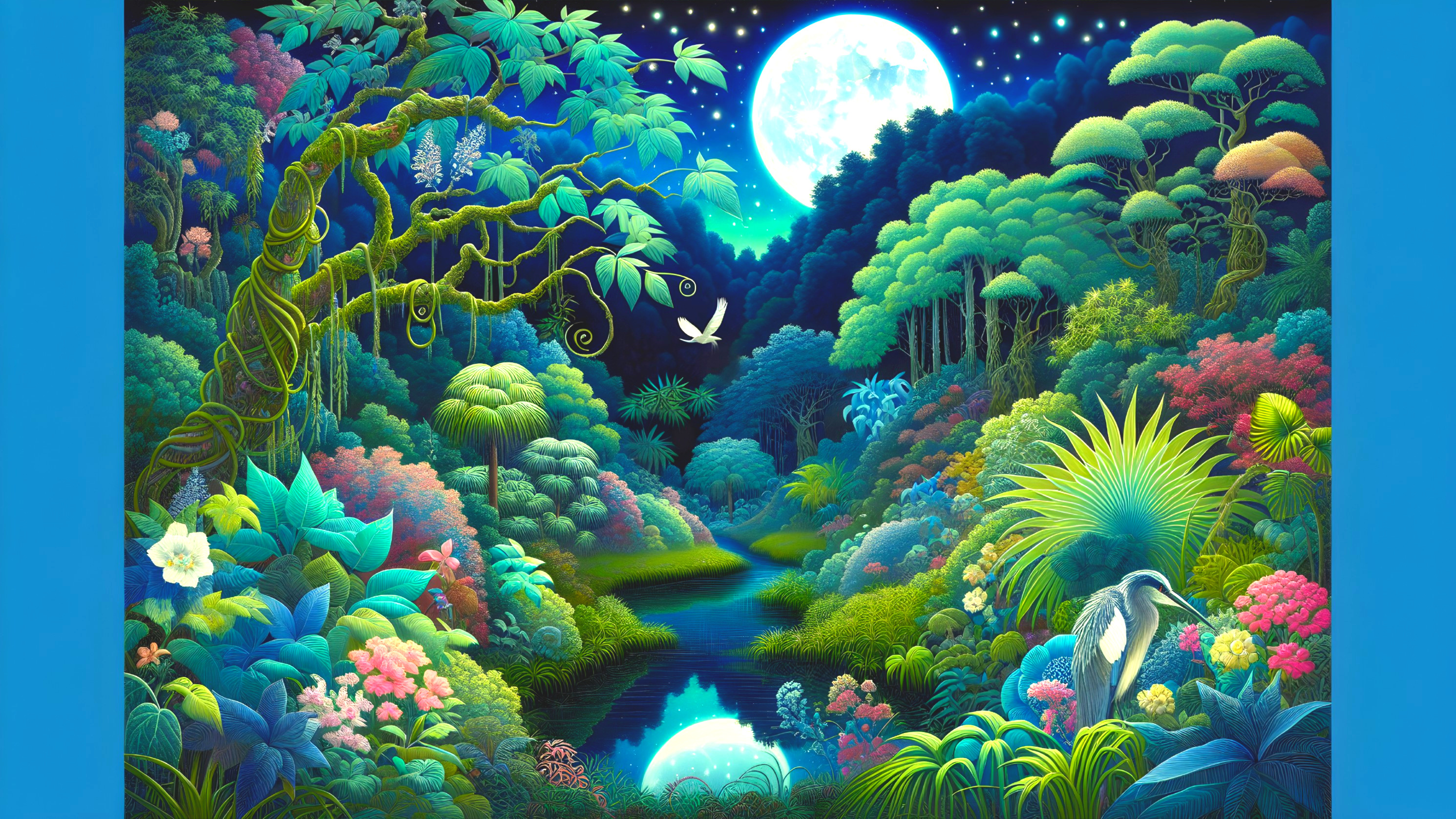 Enchanted Moonlit Landscape with Lush Flora and Stream