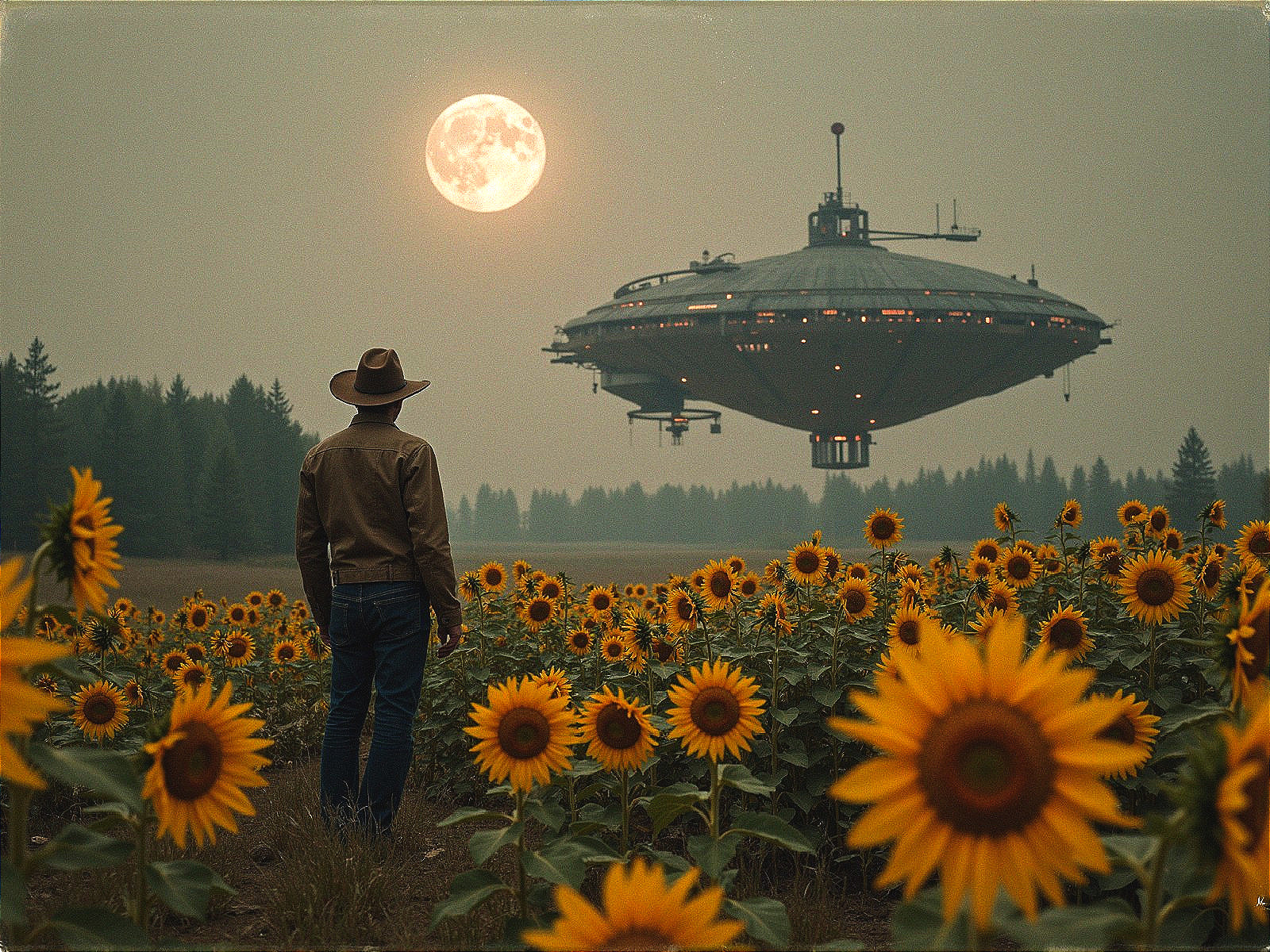 Cowboy Hat Figure in Sunflower Field with UFO