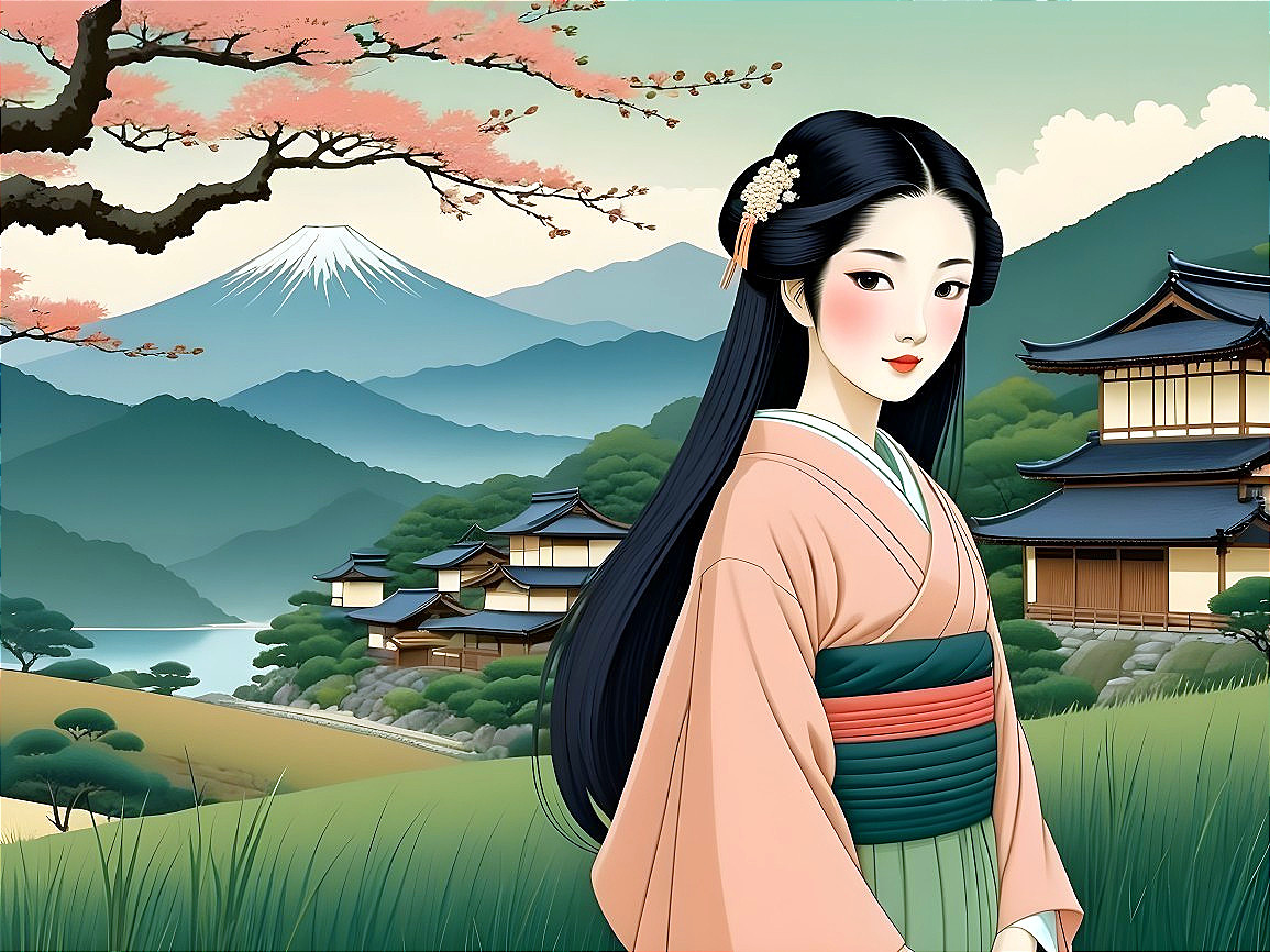 Serene Japanese Landscape with Cherry Blossoms and Waterway