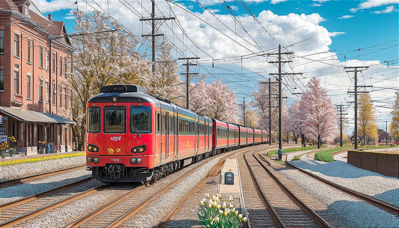 Red Train Journey Through Cherry Blossoms and Tulips