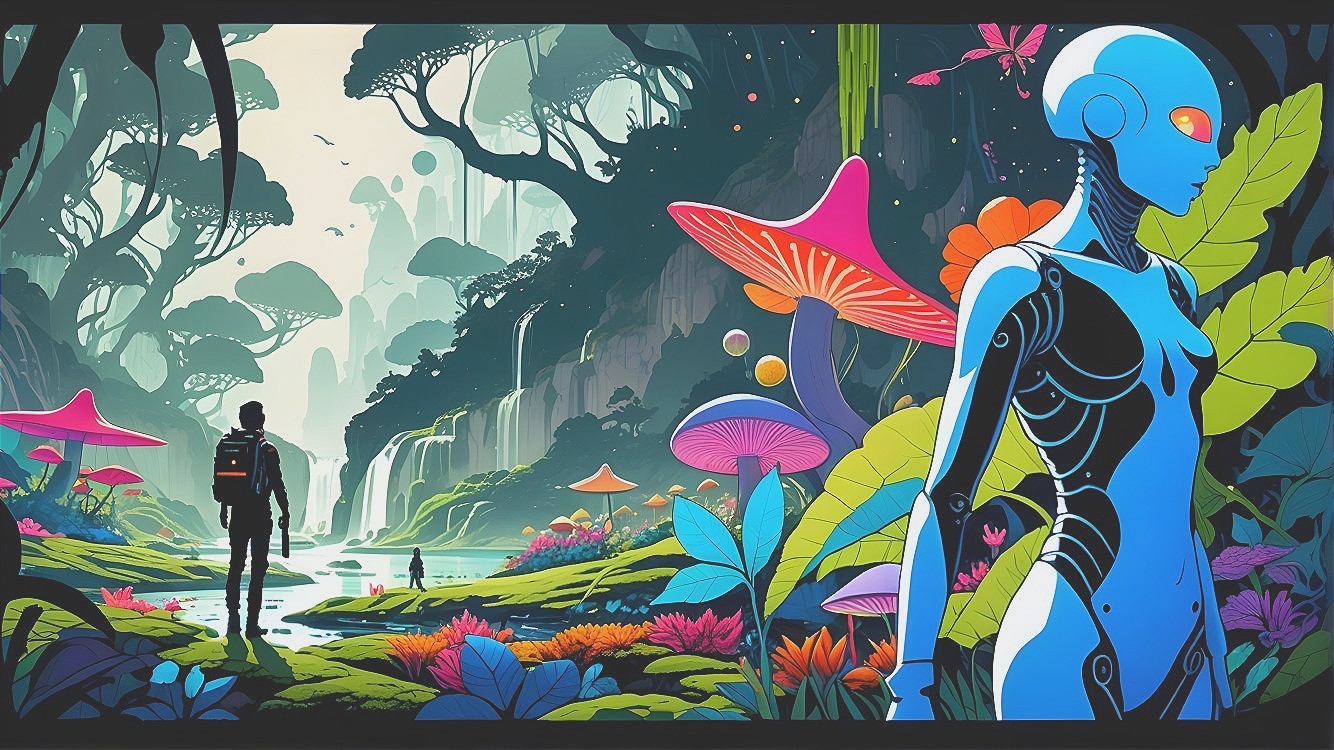 Humanoid Robot in a Vibrant Fantastical Landscape