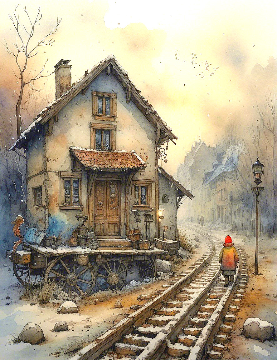 Rustic House by Snowy Railroad in Winter Landscape