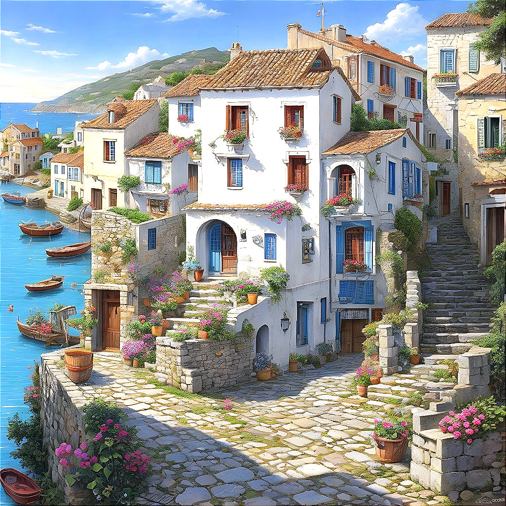 Coastal Village with Whitewashed Buildings and Turquoise Bay