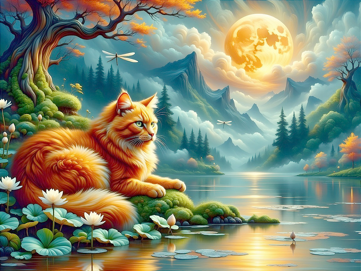 Vibrant Cat by Tranquil Lake in Serene Landscape