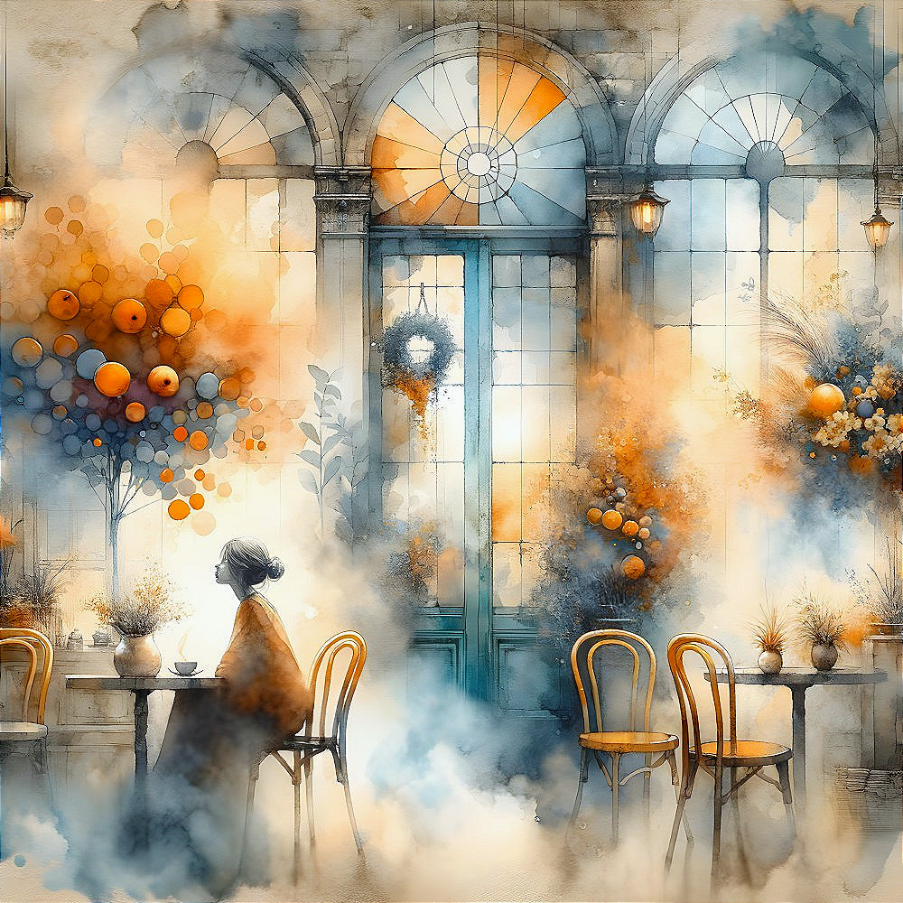 Serene café scene with soft watercolor hues and plants