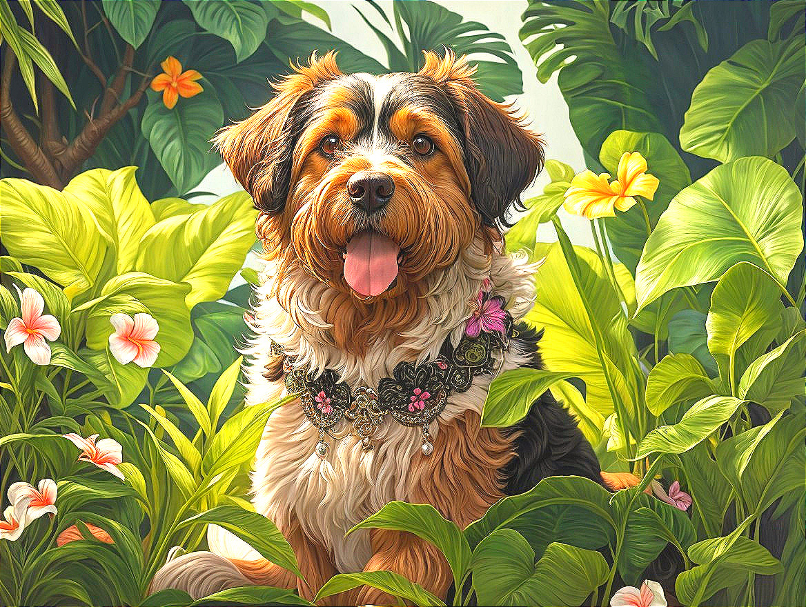 Fluffy Dog Surrounded by Tropical Foliage and Flowers