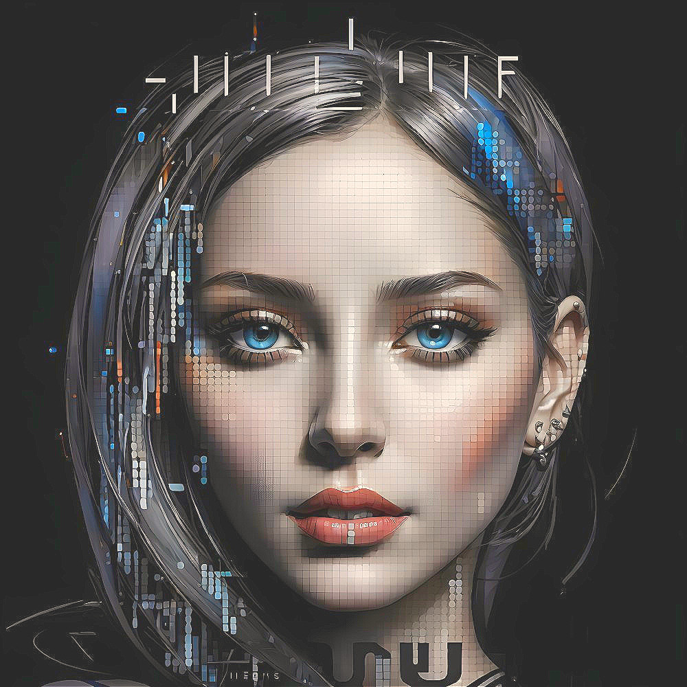 Female digital art with cybernetic features and transparent head displaying data.