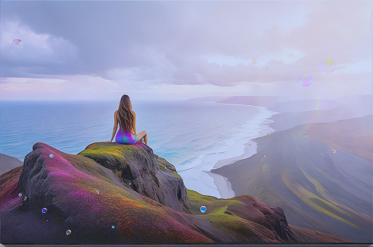 Woman on Rock Overlooking Coastal Landscape