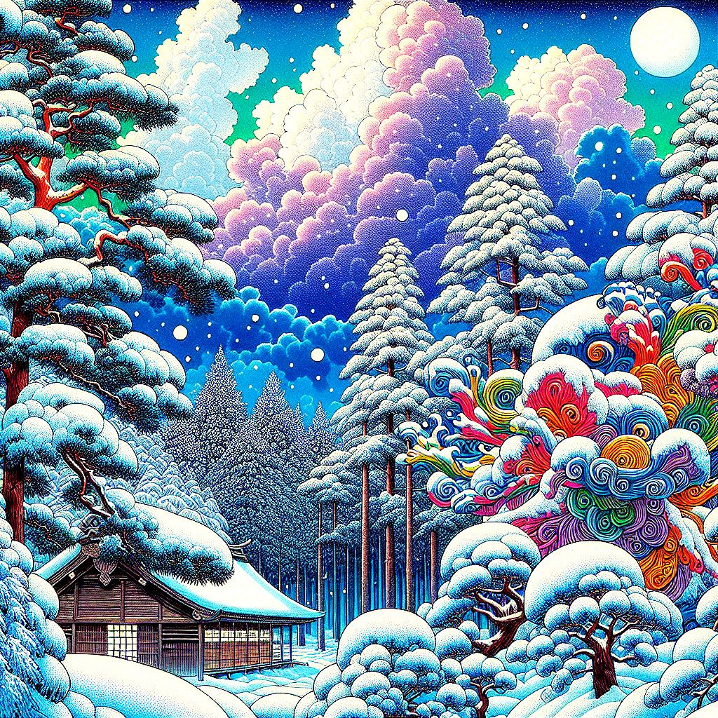 Vibrant Winter Cabin Scene with Colorful Clouds