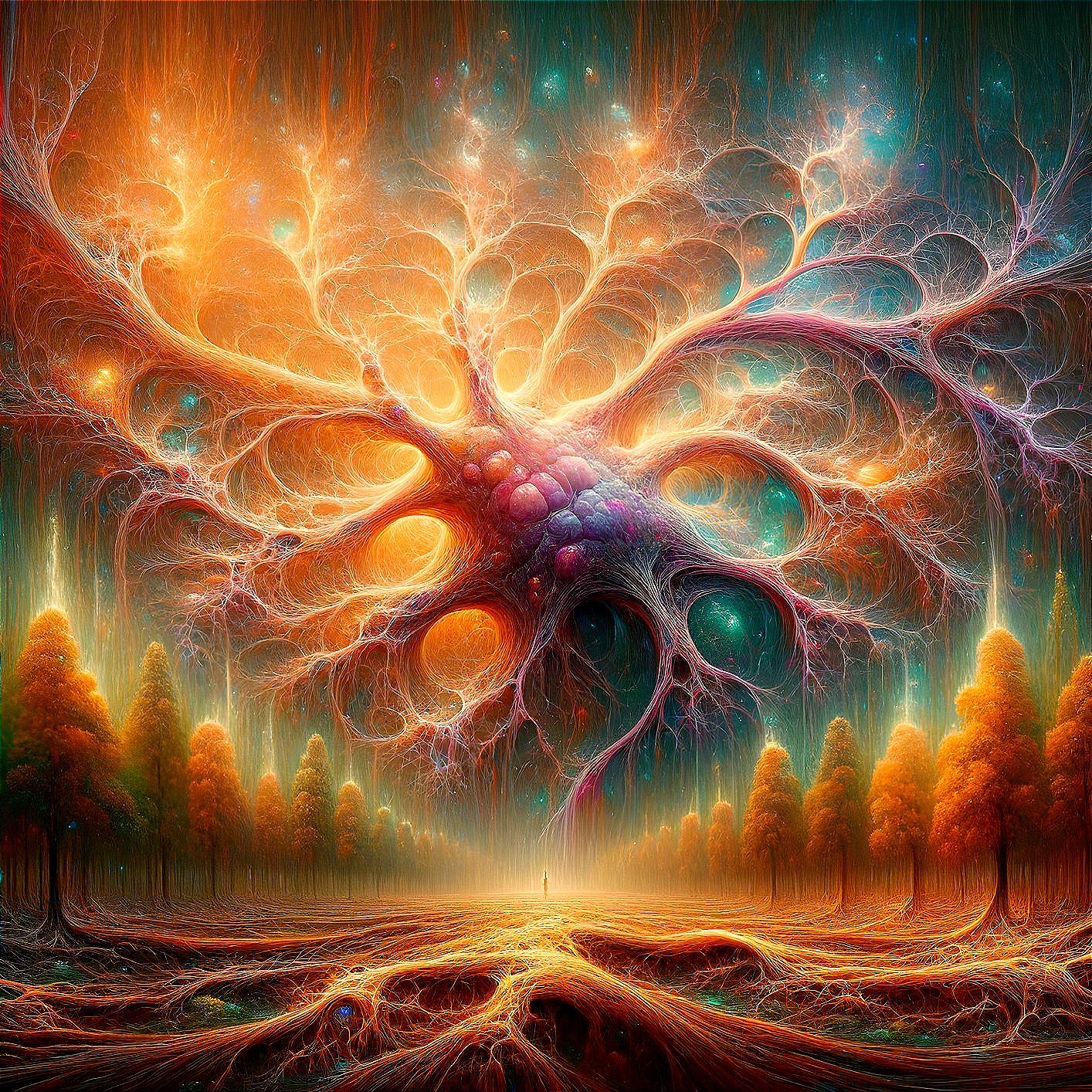 Fantastical glowing tree illustration in forest setting