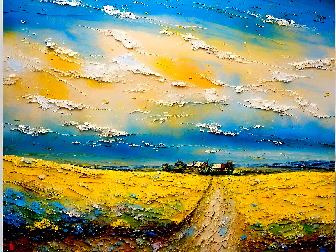 Vibrant Landscape with Golden Field and Farmhouse