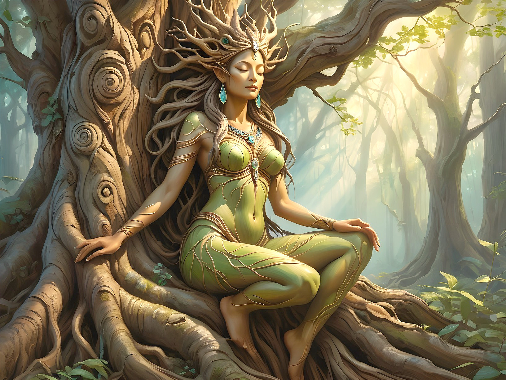 Woman with Vine-Like Designs in Serene Forest Setting