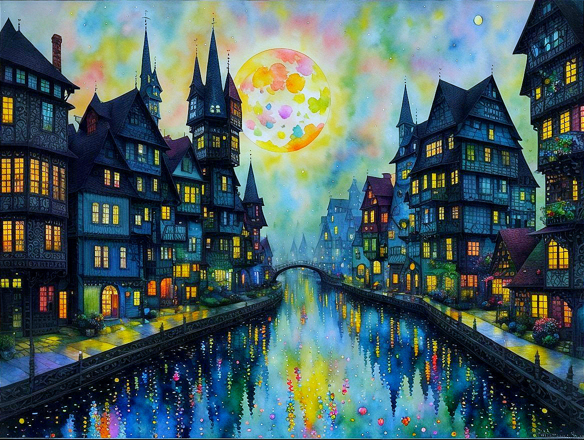 Whimsical Fairy-Tale Buildings by a Serene Canal