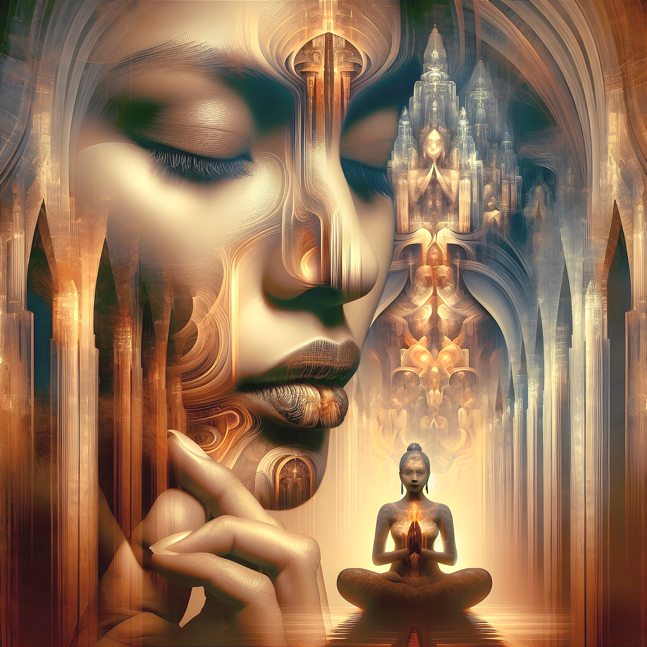 Ethereal Figure Meditating Amidst Abstract Patterns