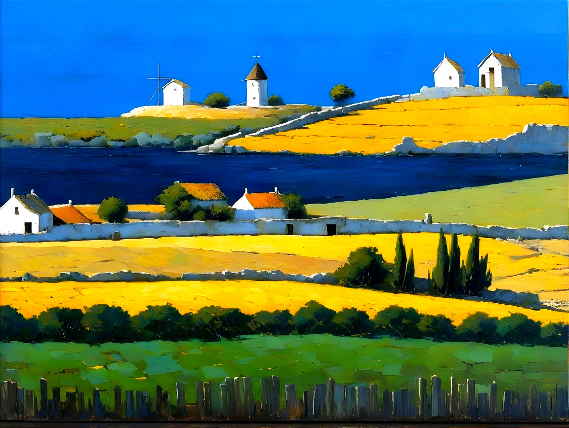 Vibrant Landscape with Yellow Fields and Windmills