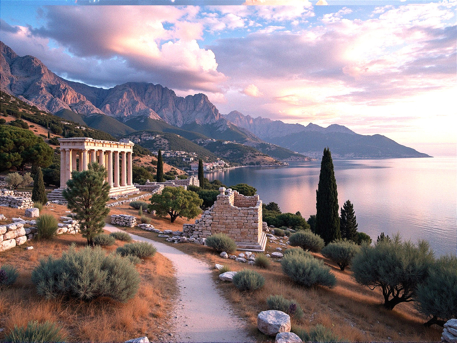 Coastal Landscape with Ancient Ruins and Temple