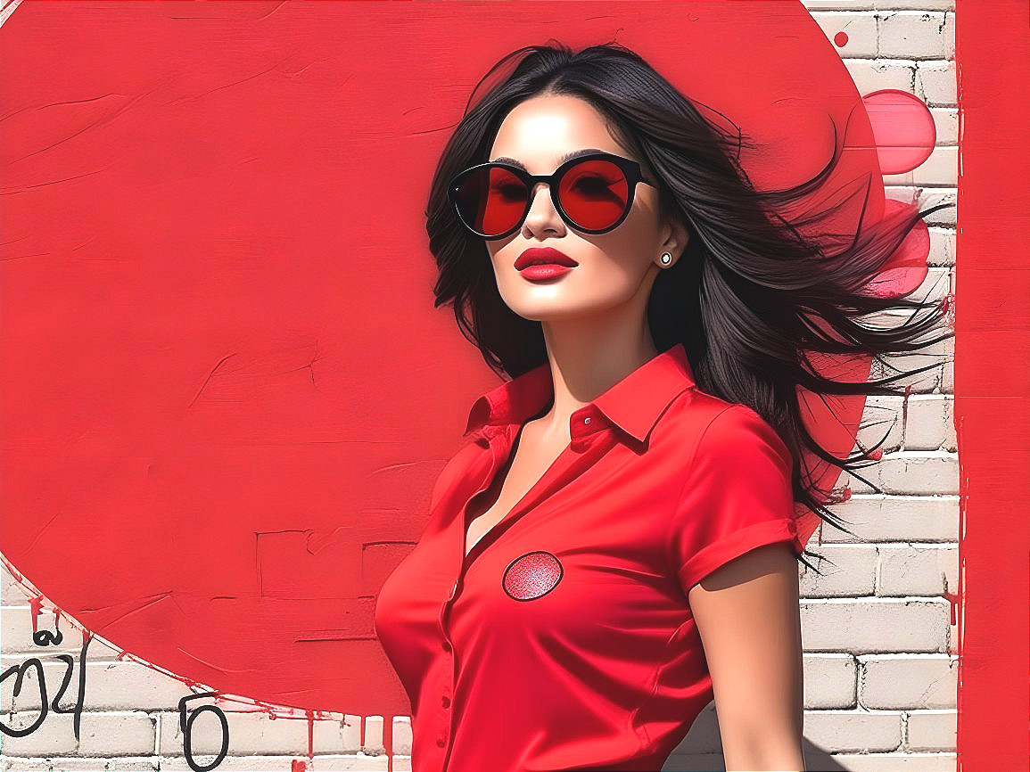Stylish Woman in Red Against Vibrant Wall