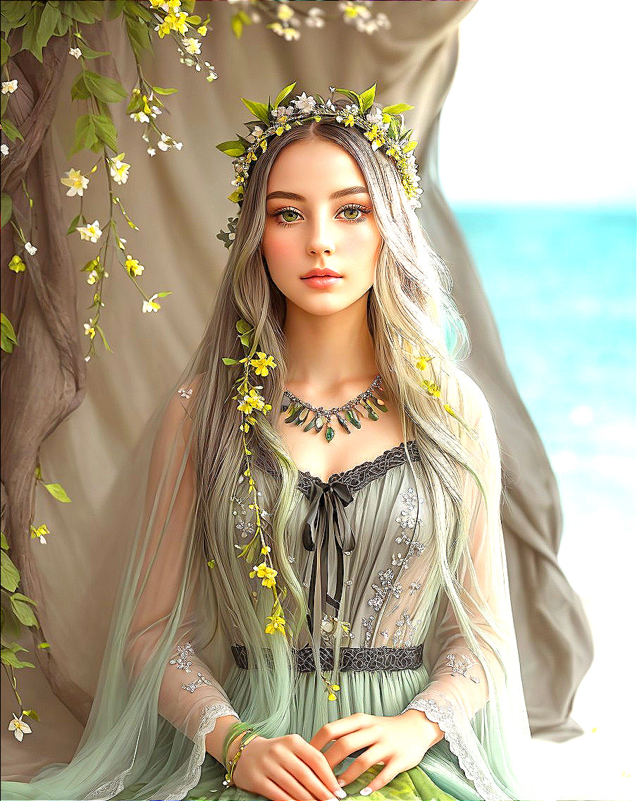 Serene Young Woman in Floral Crown and Green Gown