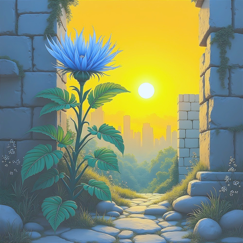 Vibrant Blue Flower at Stone Archway with Sunrise