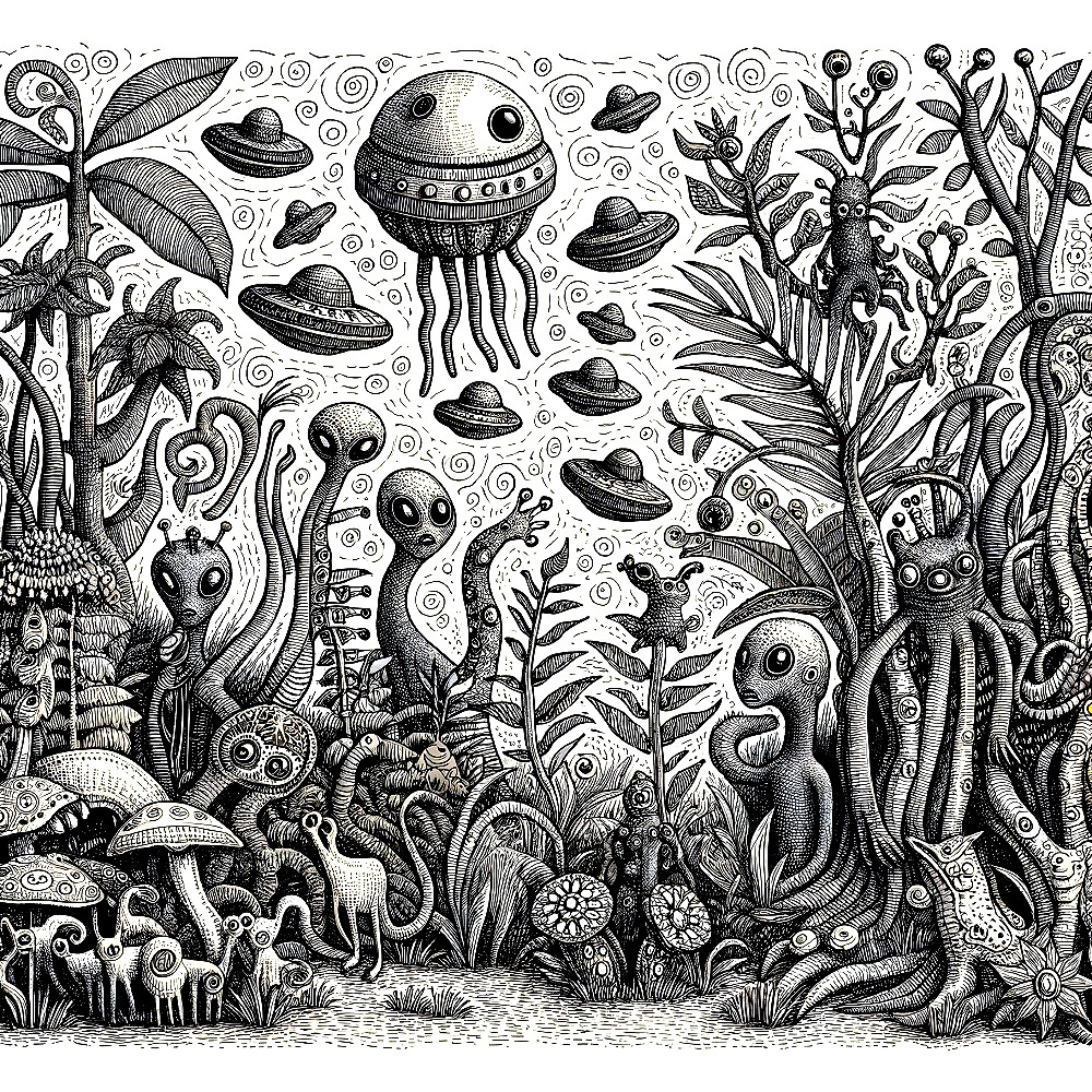 Whimsical Black-and-White Illustration of Alien Ecosystem