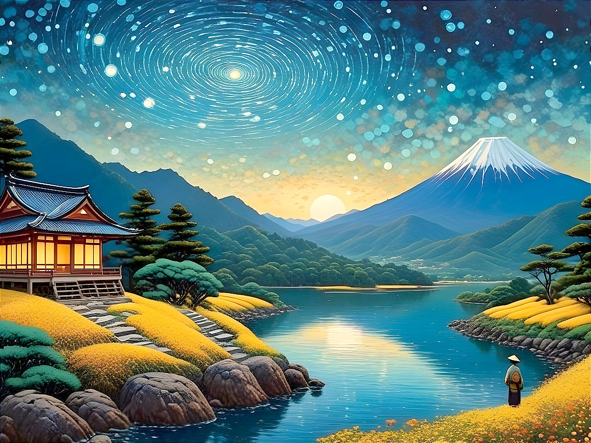 Tranquil River and Mount Fuji at Sunset Landscape