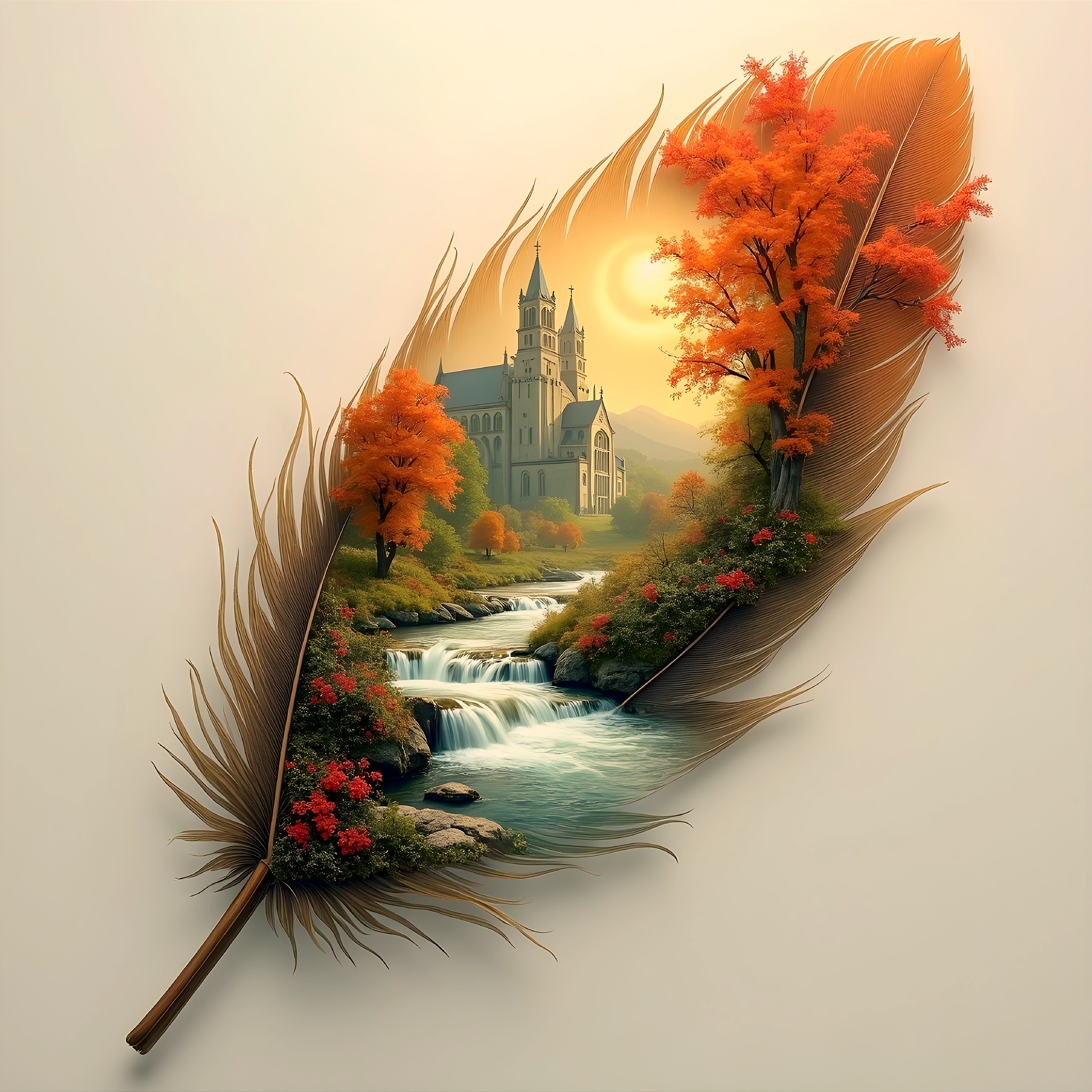 Feather with Autumn Landscape and Serene Castle