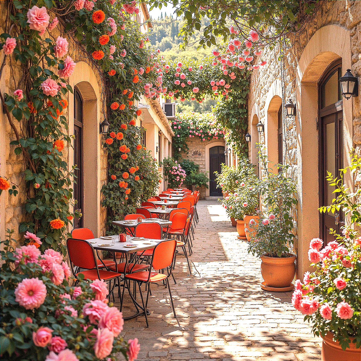Charming Cobblestone Alleyway with Colorful Flowers
