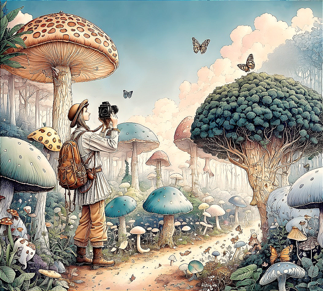 Whimsical Forest with Colorful Mushrooms and Butterflies