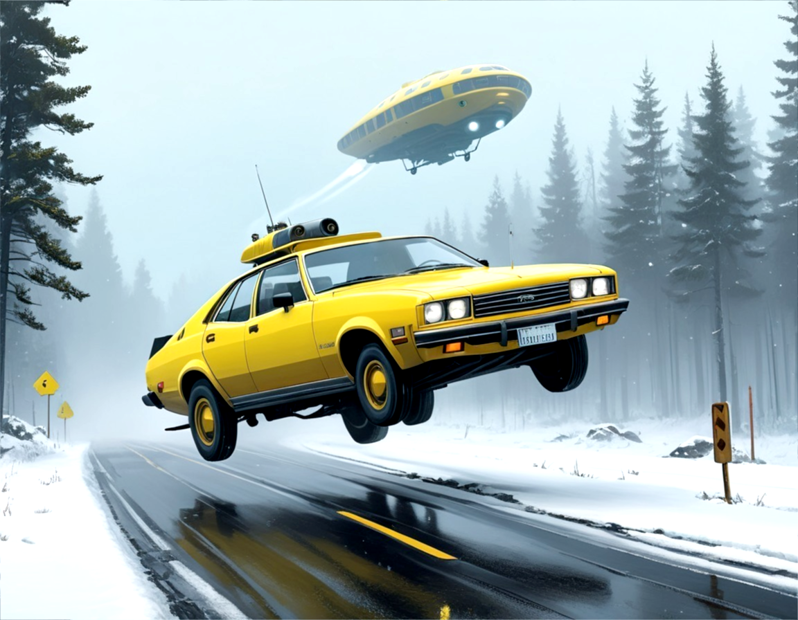 Vintage Yellow Taxi and Futuristic Spaceship in Snow