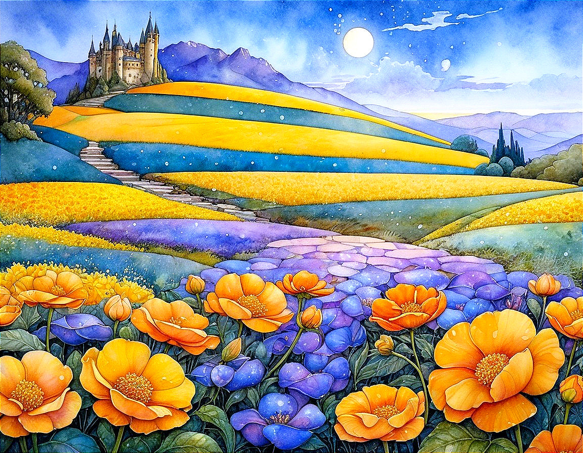 Vibrant Landscape with Castle and Flower Fields