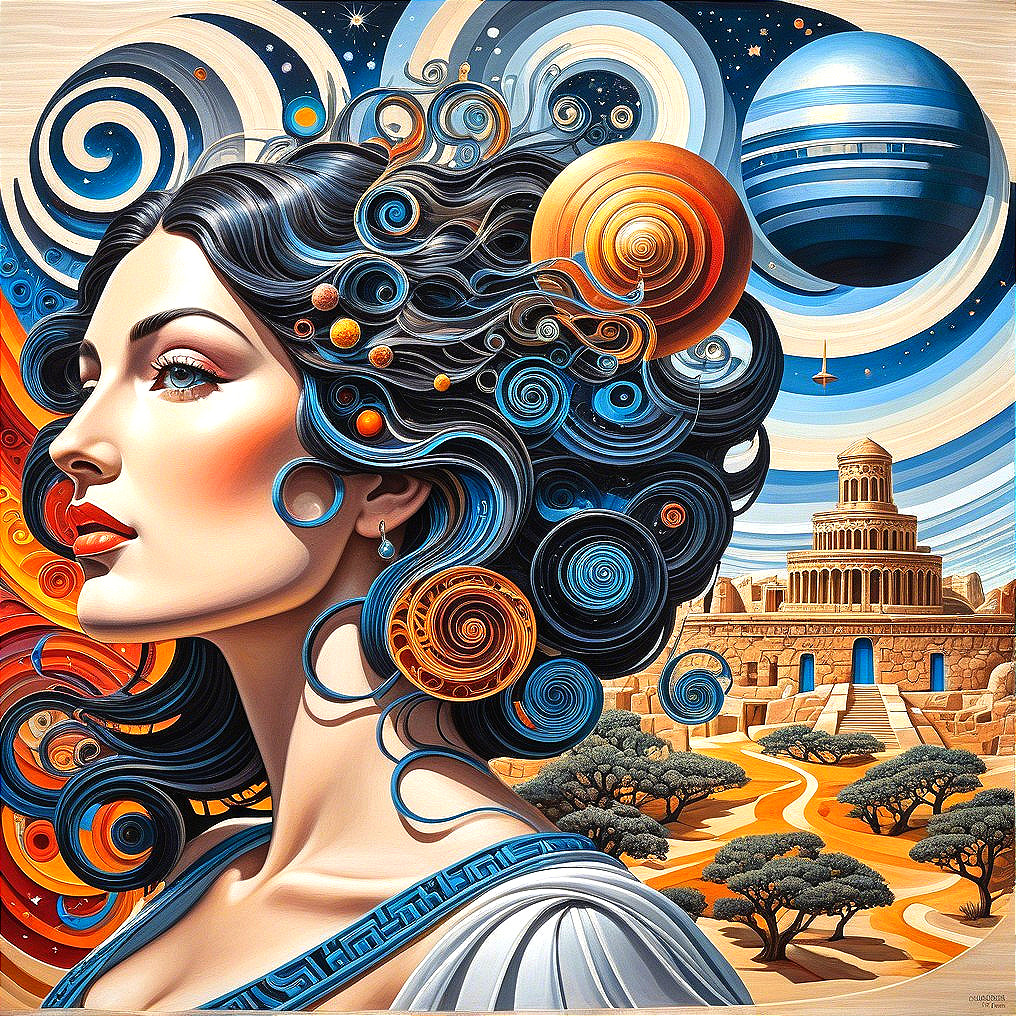 Stylized Woman with Cosmic Hair and Celestial Elements