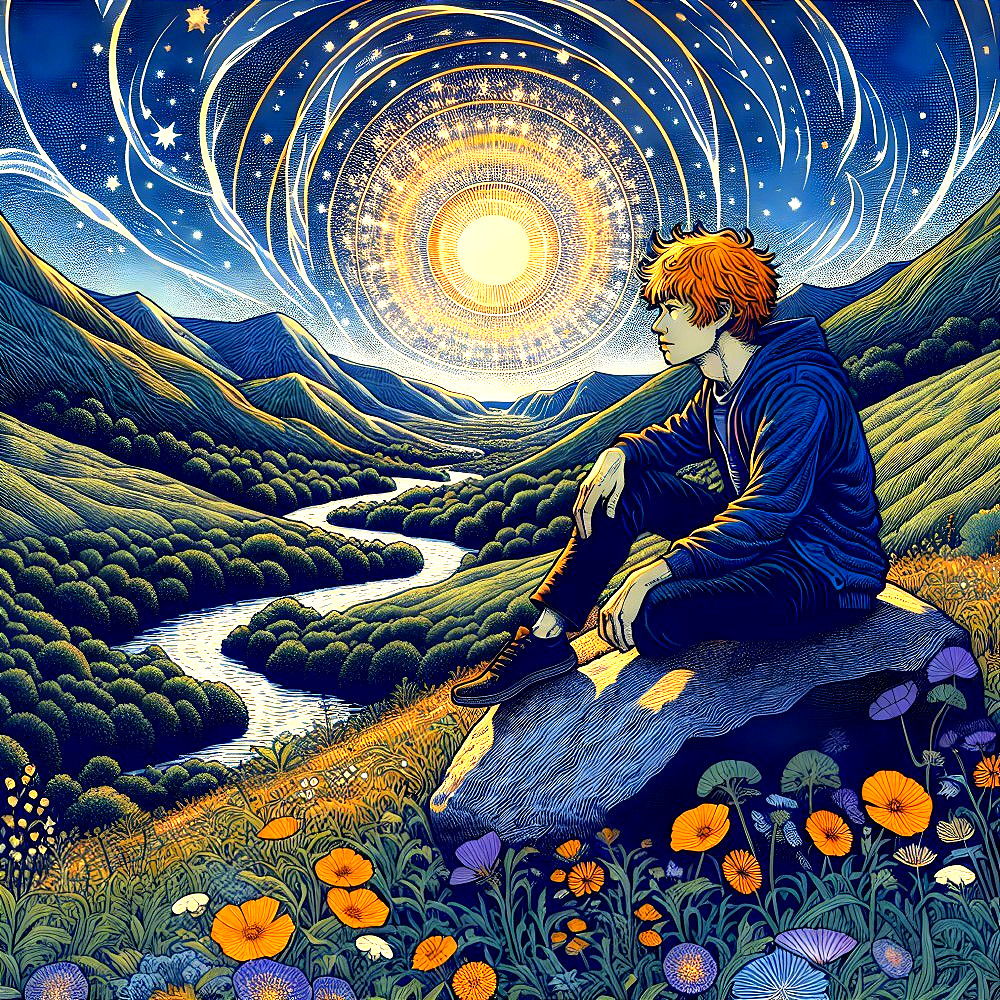 Young Person in Lush Landscape Under Radiant Sun