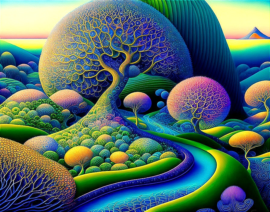 Colorful surreal landscape with intricate tree and rolling hills