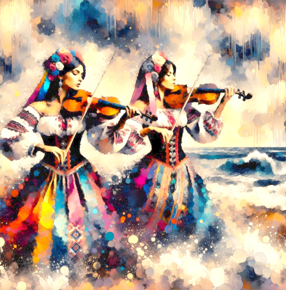 Elegant Women in Traditional Attire Playing Violins by Ocean
