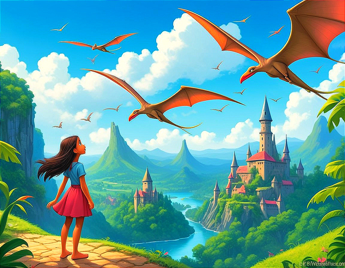 Young Girl in Awe of Fantasy Landscape with Dragons