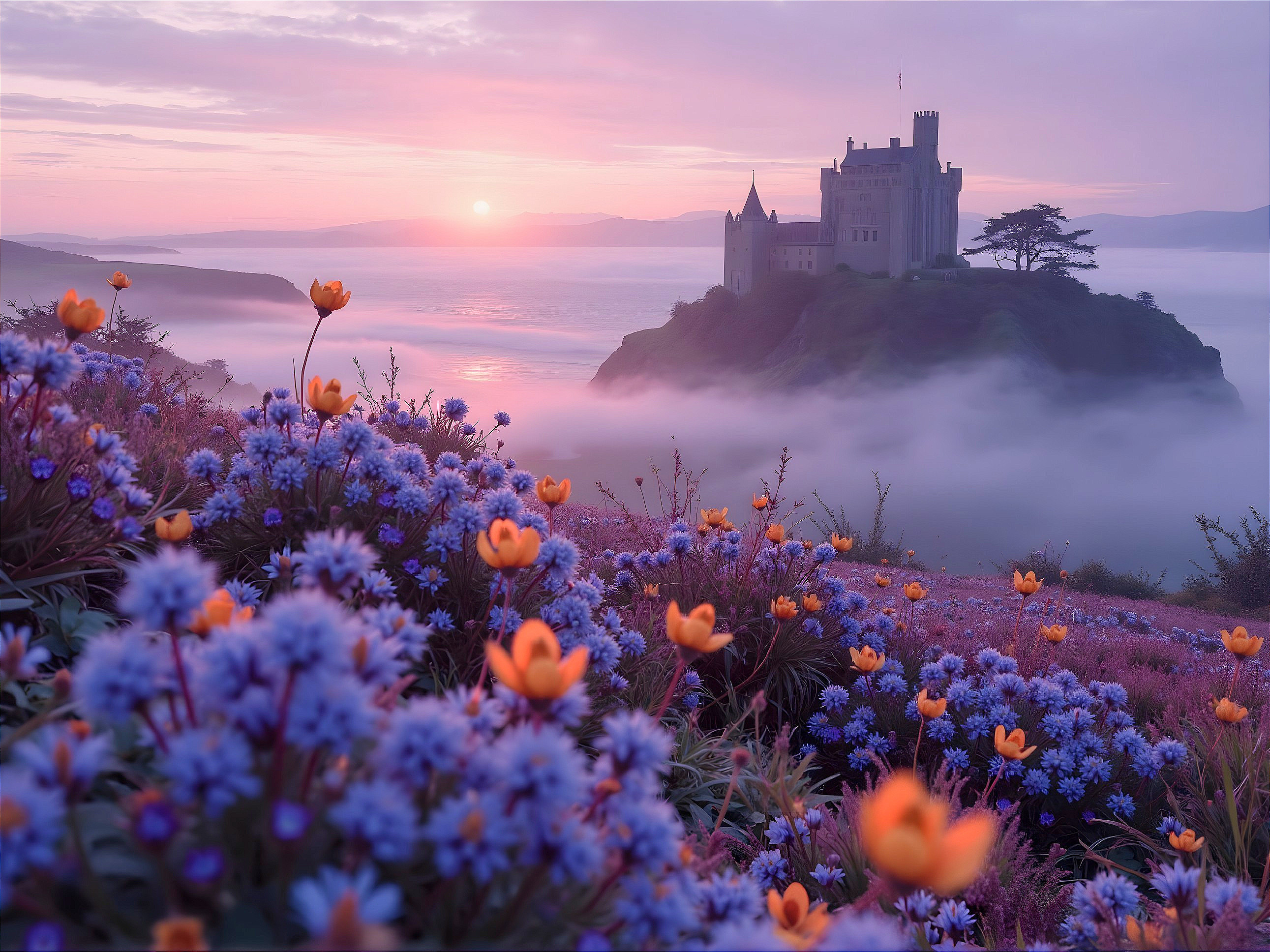 Majestic Castle at Dawn Surrounded by Wildflowers