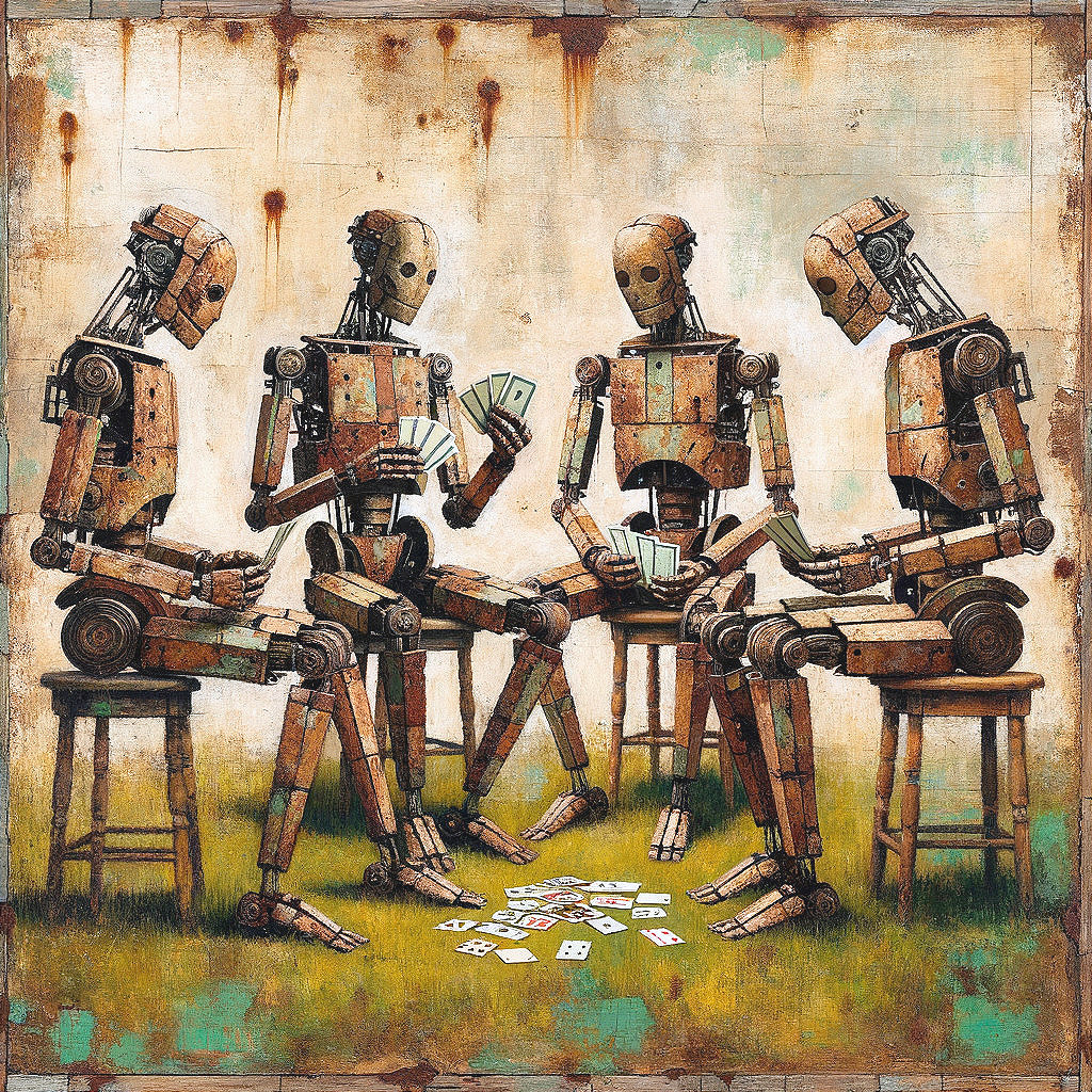 Vintage Robots Playing Cards at Wooden Table