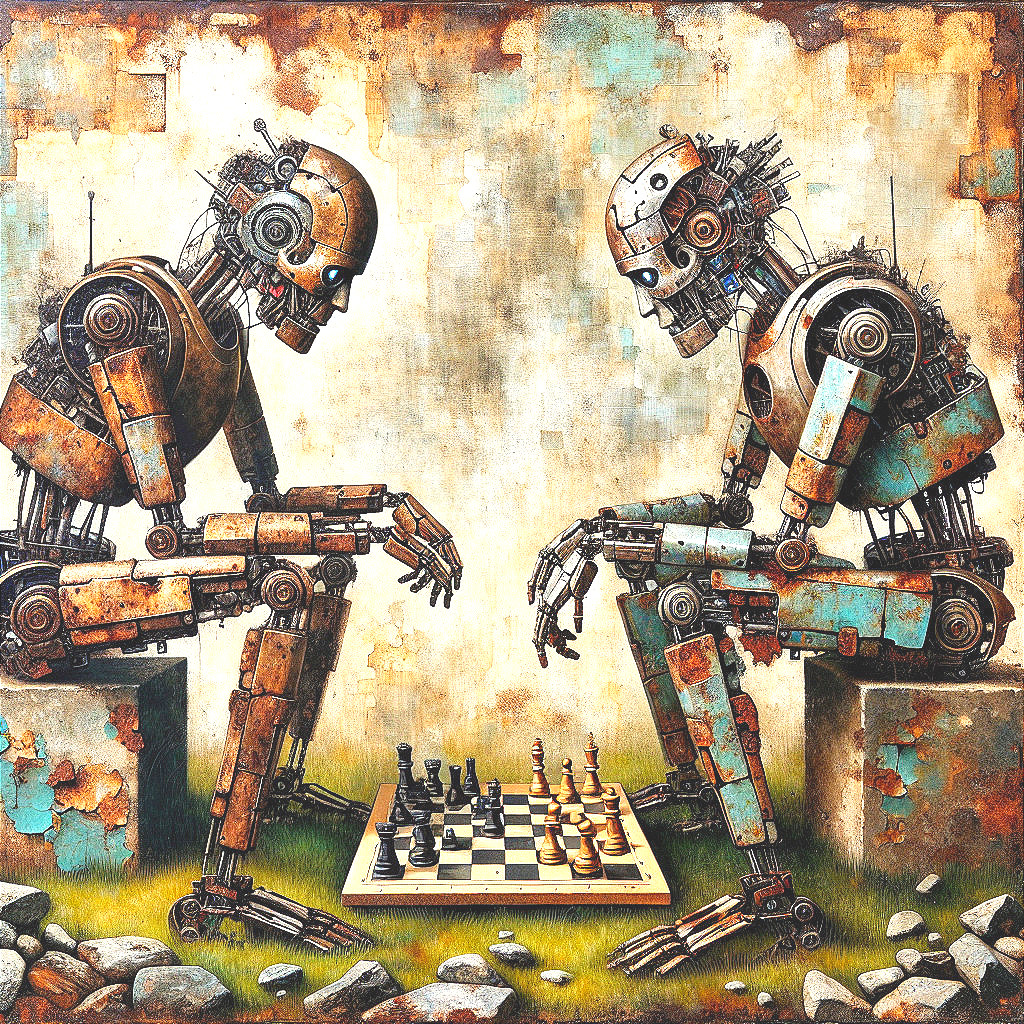 Robotic Figures Engaged in Chess Game on Grass