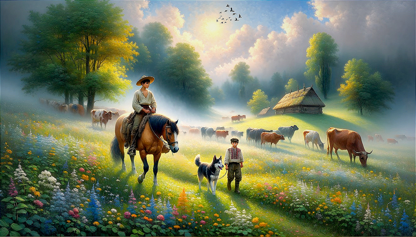 Serene Landscape with Horseback Rider and Dog Walker