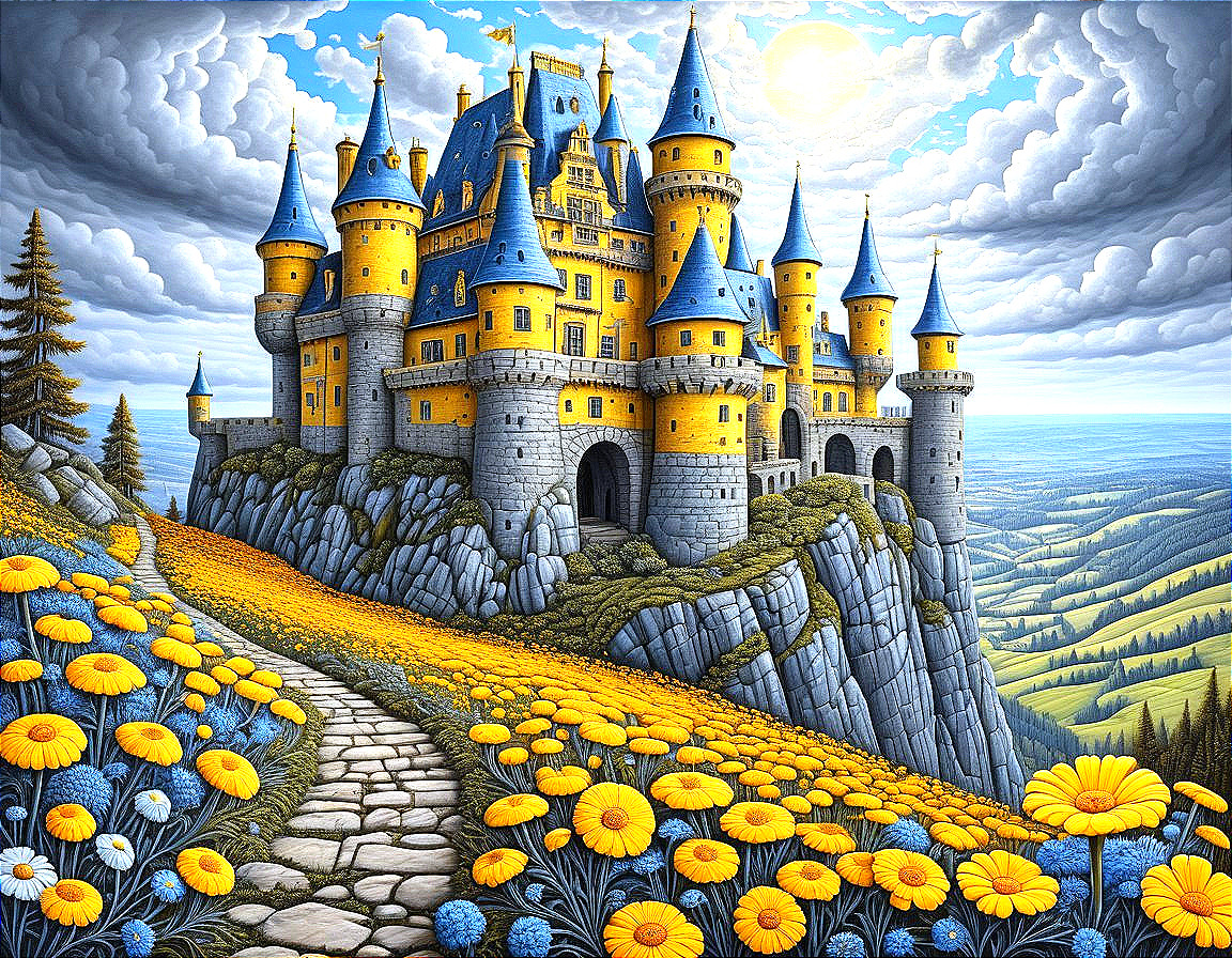 Vibrant Castle on Rocky Cliff with Colorful Flowers