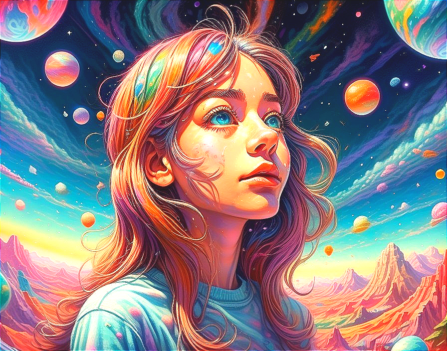 Dreamy Portrait of a Girl in a Cosmic Landscape