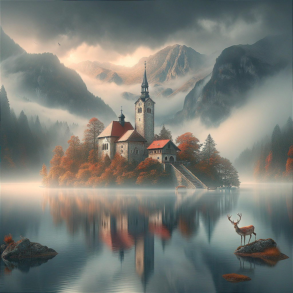 Majestic Castle on Island in Misty Autumn Landscape