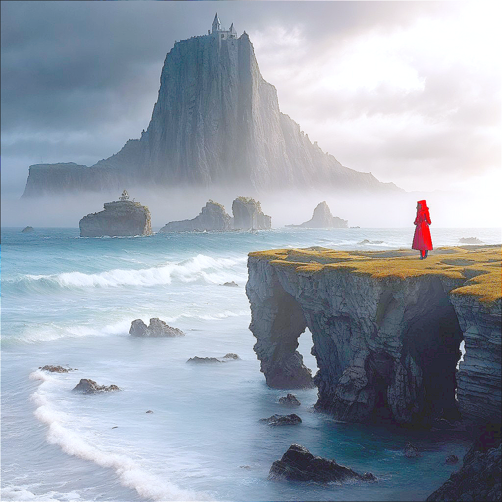Lone Figure in Red Cloak Overlooking Misty Coastline