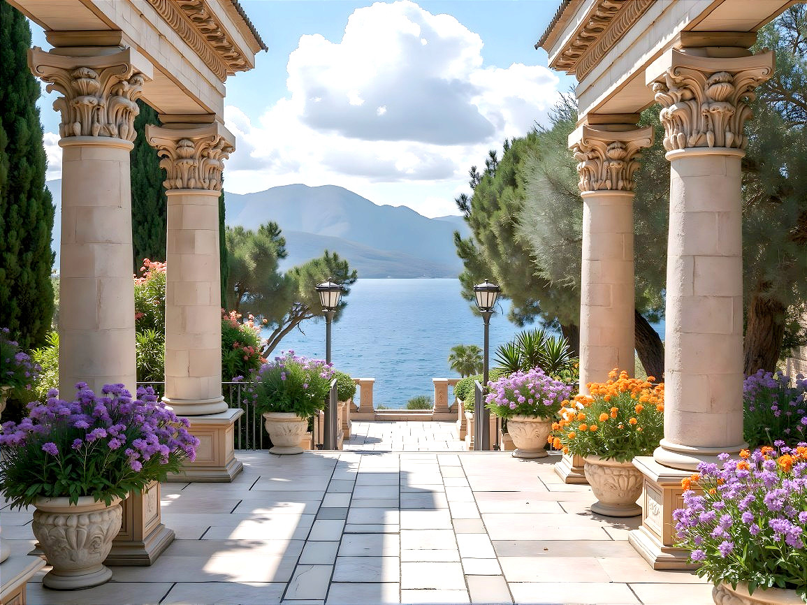 Seaside Terrace with Stone Columns and Vibrant Flowers
