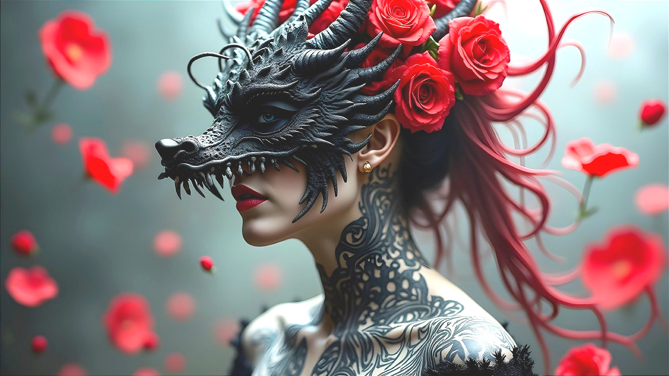 Dragon Mask and Roses Blend Fantasy and Beauty