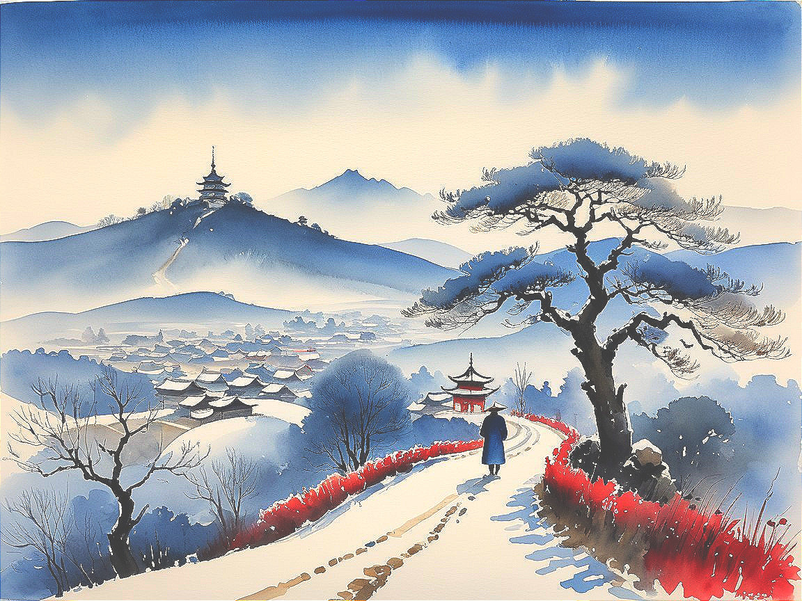 Serene winter landscape with snow and distant rooftops