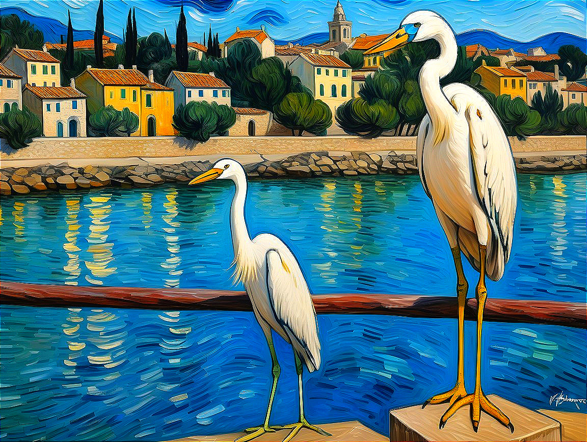 Elegant herons by a serene river and village scene