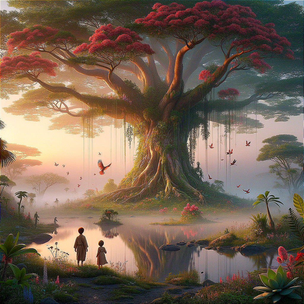 Majestic Tree with Pink Blossoms in Serene Landscape